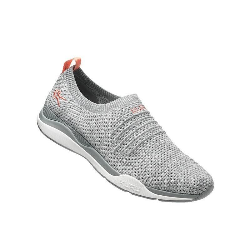Angled profile view of the KURU STRIDE WIDE Women's Slip-On Sneaker in Heather Gray-White-Peach Pink.