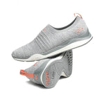 Pair of KURU STRIDE WIDE Women's Slip-On Sneaker in Heather Gray-White-Peach Pink, angled view.