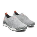 Pair of KURU STRIDE WIDE Women's Slip-On Sneaker in Heather Gray-White-Peach Pink, angled view.