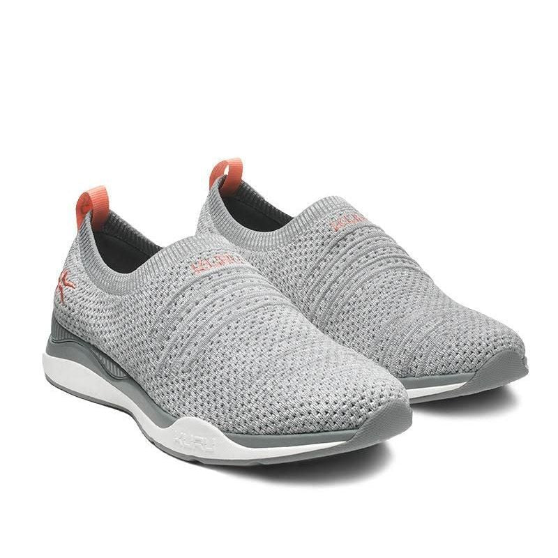 Pair of KURU STRIDE WIDE Women's Slip-On Sneaker in Heather Gray-White-Peach Pink, angled view.