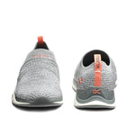 Back heel view of the KURU STRIDE WIDE Women's Slip-On Sneaker in Heather Gray-White-Peach Pink.
