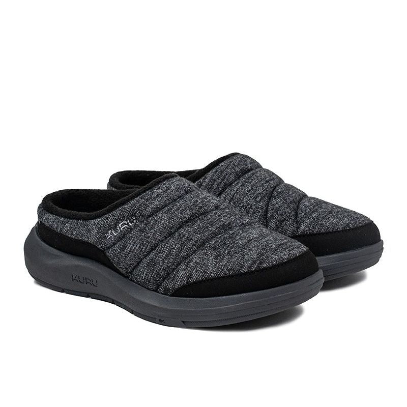 Back heel view of the KURU DRAFT 2 Women's Slipper in Charcoal Gray-Jet Black.
