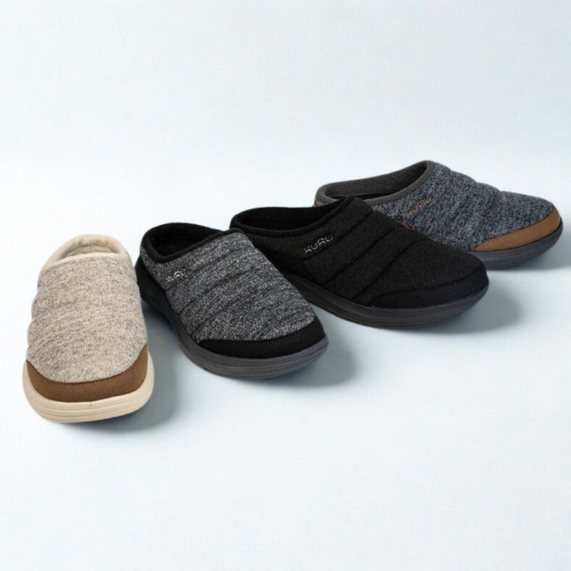 Pair of KURU DRAFT 2 Women's Slipper in Charcoal Gray-Jet Black, angled view.