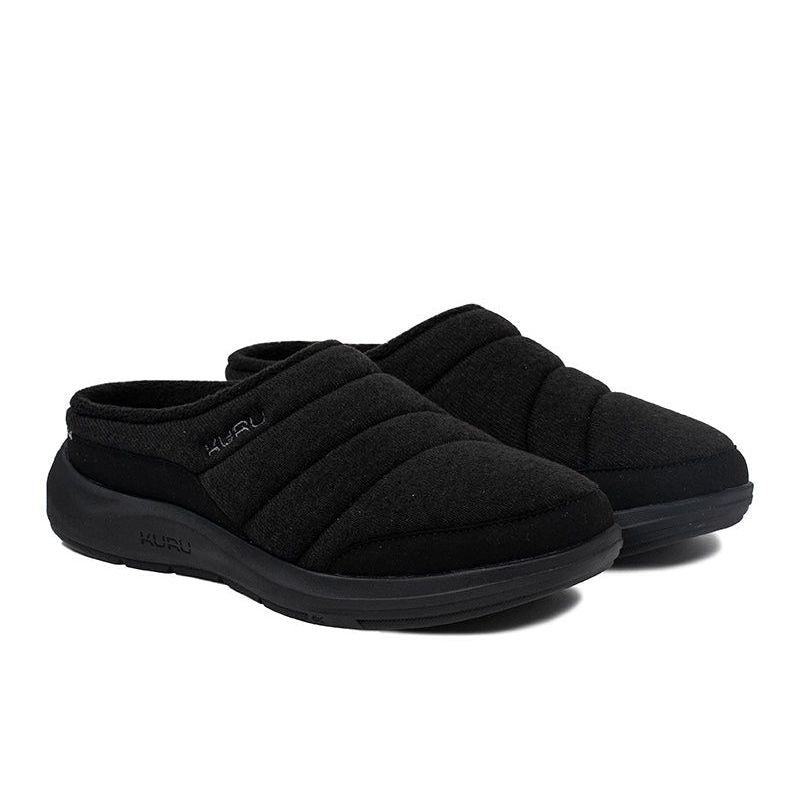 Pair of KURU DRAFT 2 Men's Slipper in Jet Black, angled view.