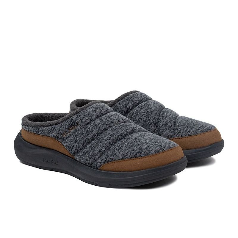 Pair of KURU DRAFT 2 Men's Slipper in Smoke Gray-Chestnut, angled view.
