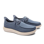 Pair of KURU DRAFT Rento Men's Slipper in Faded Navy-Sand, angled view.