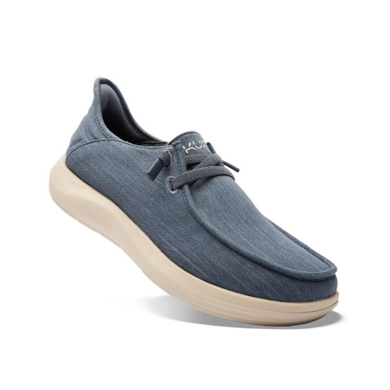 Angled profile view of the KURU DRAFT Rento Men's Slipper in Faded Navy-Sand.