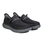 Pair of KURU DRAFT Rento Men's Slipper in Jet Black-Brick Red, angled view.