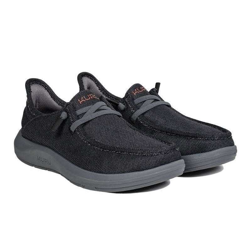 Pair of KURU DRAFT Rento Men's Slipper in Jet Black-Brick Red, angled view.