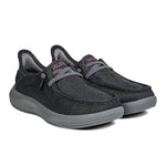 Pair of KURU DRAFT Rento Women's Slipper in Jet Black-Merlot, angled view.