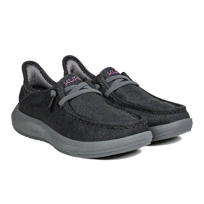Pair of KURU DRAFT Rento Women's Slipper in Jet Black-Merlot, angled view.