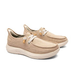 Pair of KURU DRAFT Rento Women's Slipper in Sand-Cinnamon, angled view.