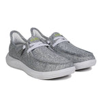 Pair of KURU DRAFT Rento Men's Slipper in Storm Gray-KURU Green, angled view.