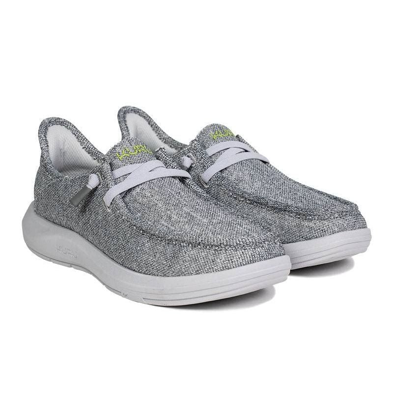 Pair of KURU DRAFT Rento Men's Slipper in Storm Gray-KURU Green, angled view.