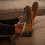Angled profile view of the KURU LOFT Women's Slipper in Gray Plaid-Capuccino.