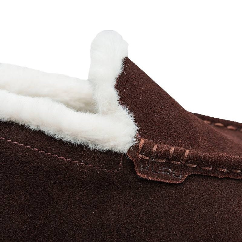 Close-up of the upper material on the KURU LOFT Women's Slipper in Java Brown-Gum.