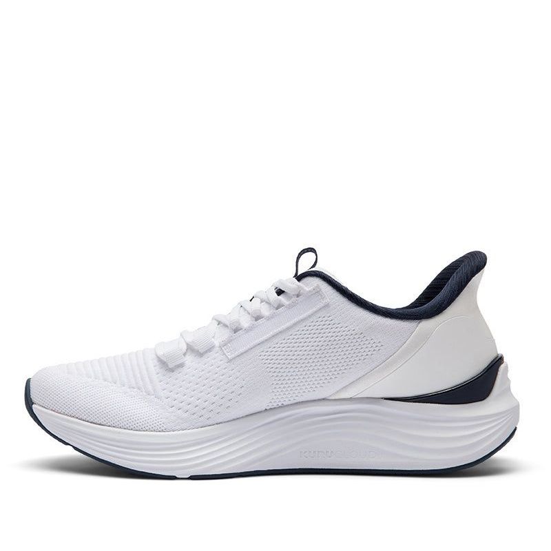 Pair of KURU ATOM 2 Men's Sneaker in Bright White-Indigo, angled view.