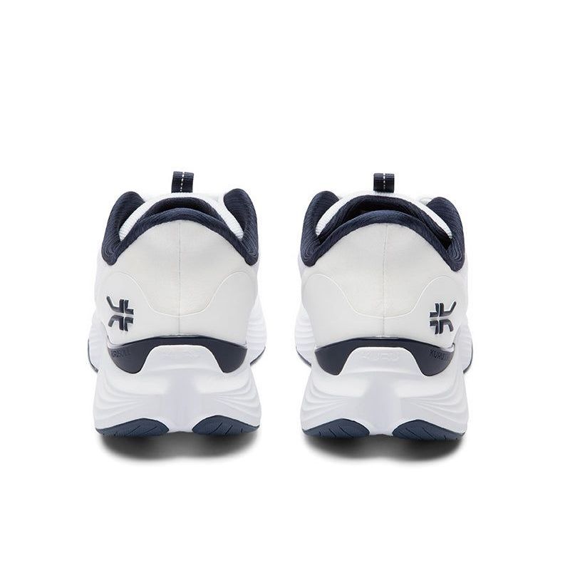Back heel view of the KURU ATOM 2 Men's Sneaker in Bright White-Indigo.