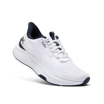 Angled profile view of the KURU ATOM 2 Men's Sneaker in Bright White-Indigo.