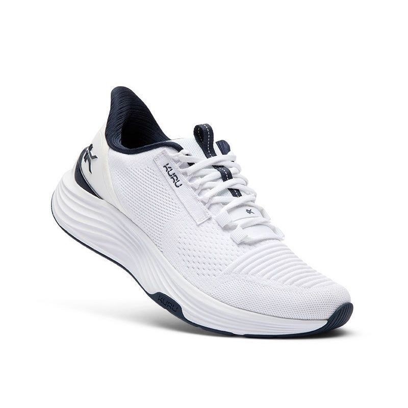 Angled profile view of the KURU ATOM 2 Men's Sneaker in Bright White-Indigo.
