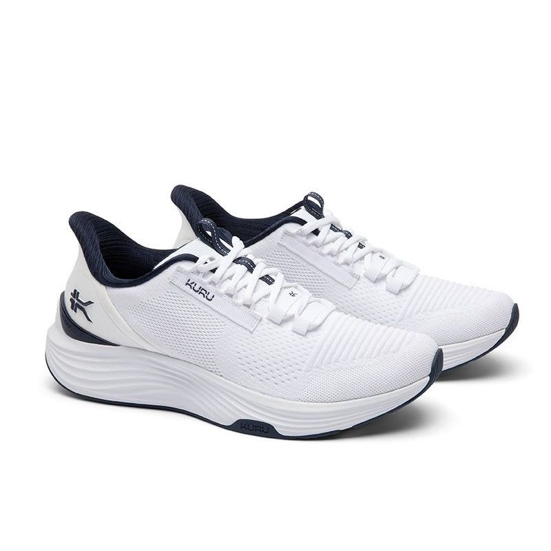 Pair of KURU ATOM 2 Men's Sneaker in Bright White-Indigo, angled view.