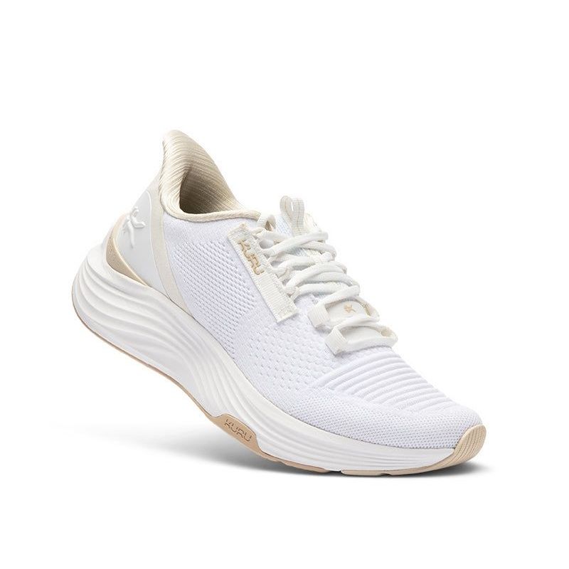 Angled profile view of the KURU ATOM 2 Women's Sneaker in Bright White-Sand.