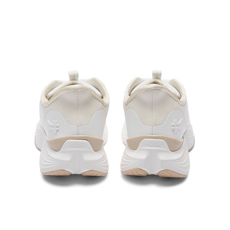 Back heel view of the KURU ATOM 2 Women's Sneaker in Bright White-Sand.