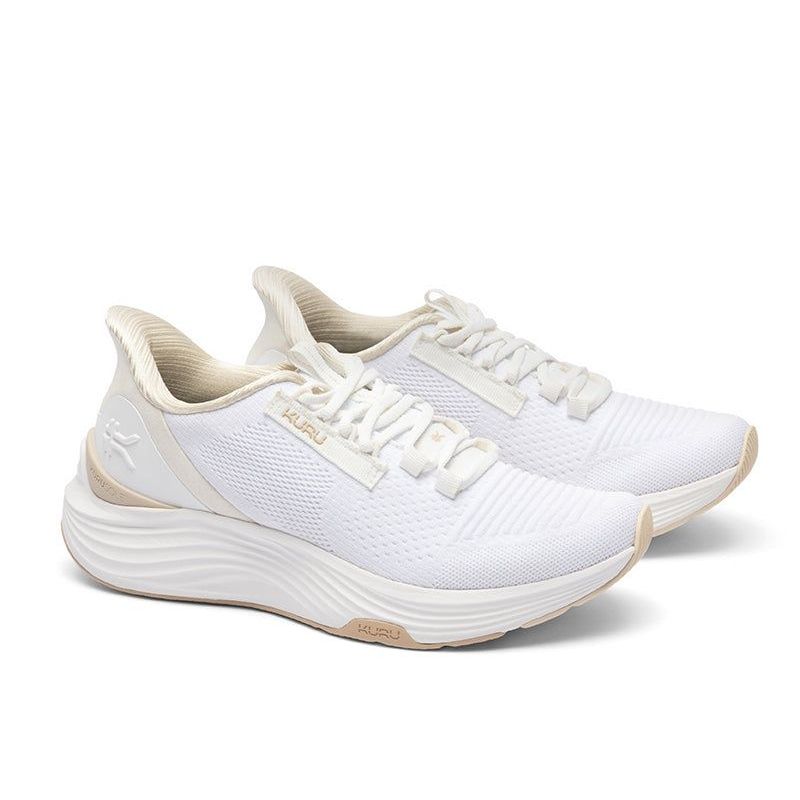 Pair of KURU ATOM 2 Women's Sneaker in Bright White-Sand, angled view.