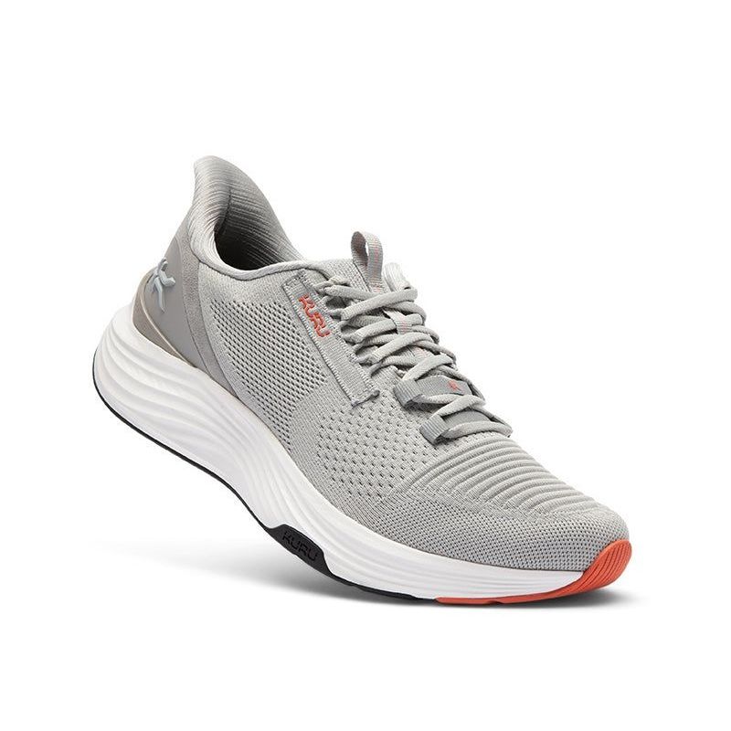 Angled profile view of the KURU ATOM 2 Men's Sneaker in Dove Gray-Bright White.
