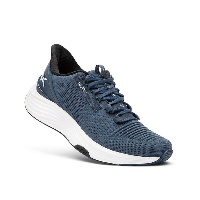 Angled profile view of the KURU ATOM 2 Men's Sneaker in Dusk Blue-Bright White.