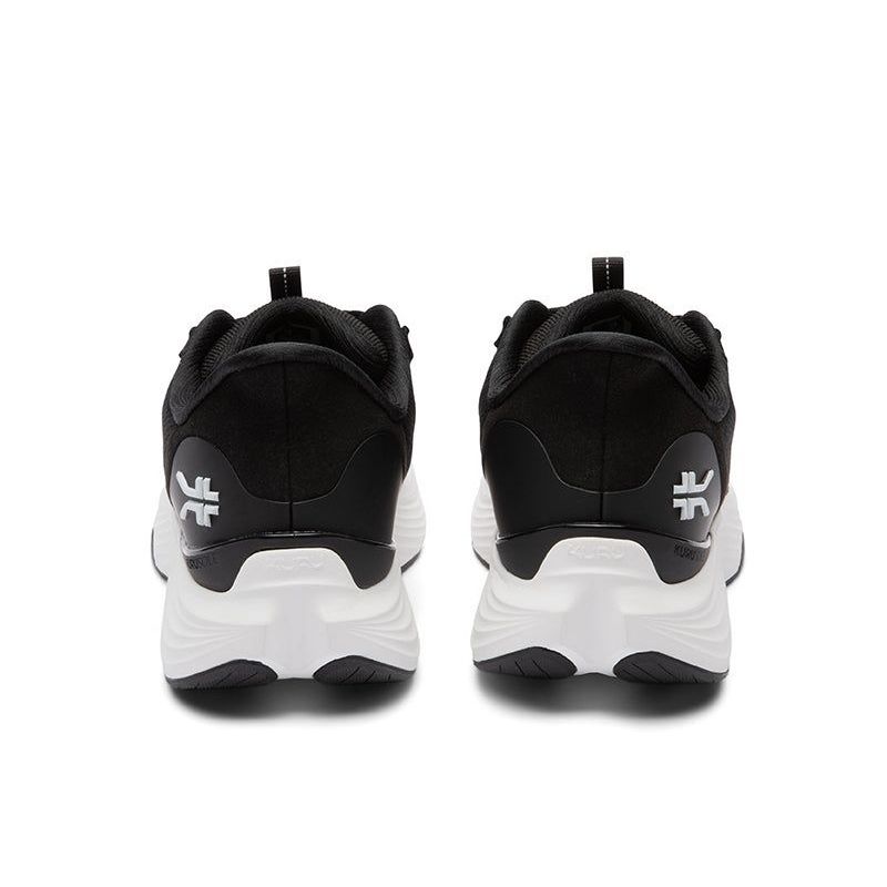 Back heel view of the KURU ATOM 2 Men's Sneaker in Jet Black-Bright White.