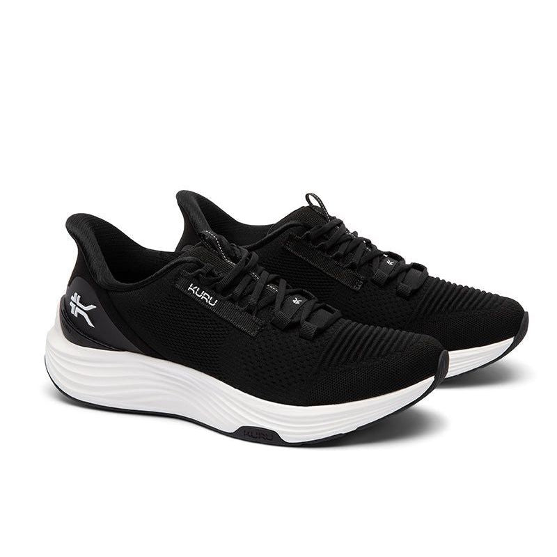Pair of KURU ATOM 2 Men's Sneaker in Jet Black-Bright White, angled view.