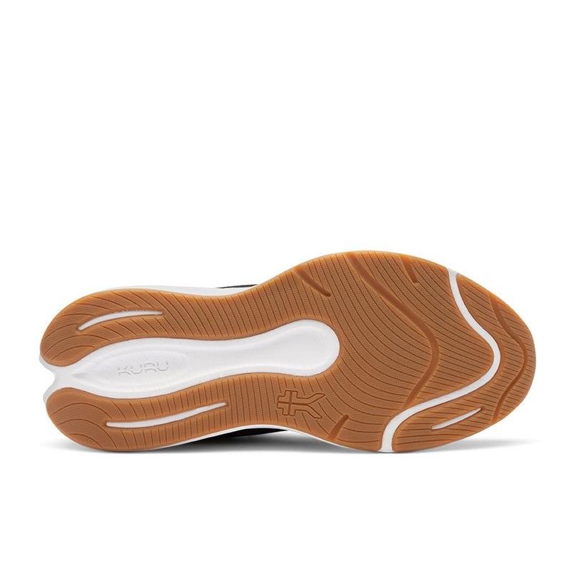Close-up of the upper material on the KURU ATOM 2 Women's Sneaker in Jet Black-Desert Tan.
