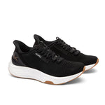 Pair of KURU ATOM 2 Women's Sneaker in Jet Black-Desert Tan, angled view.