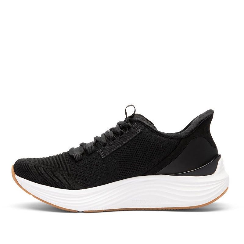 Pair of KURU ATOM 2 Women's Sneaker in Jet Black-Desert Tan, angled view.