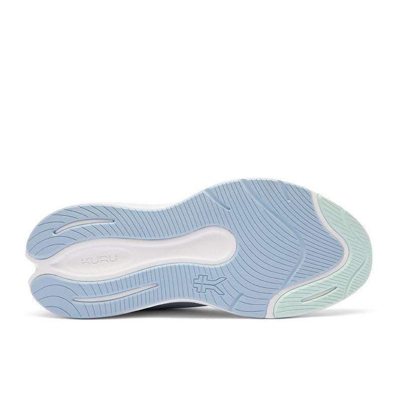 Close-up of the upper material on the KURU ATOM 2 Women's Sneaker in Mist Blue-Bright White.