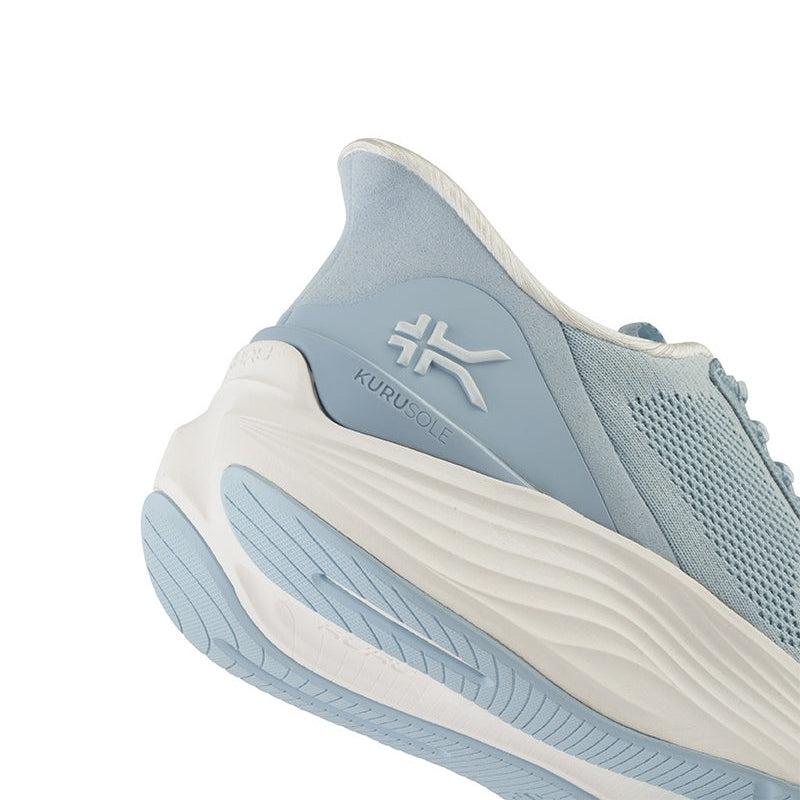 Close-up of the upper material on the KURU ATOM 2 Women's Sneaker in Mist Blue-Bright White.