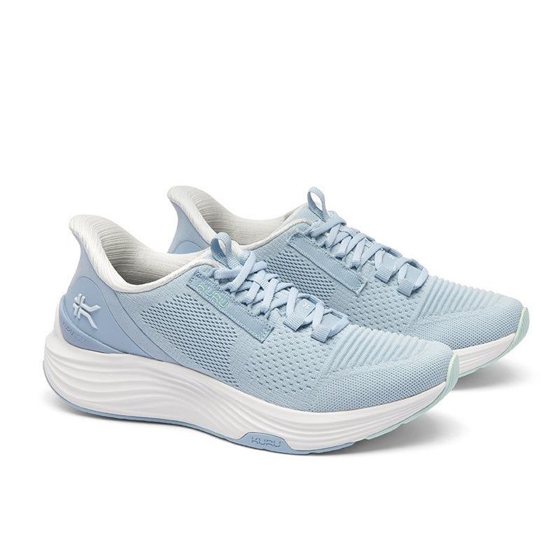 Pair of KURU ATOM 2 Women's Sneaker in Mist Blue-Bright White, angled view.