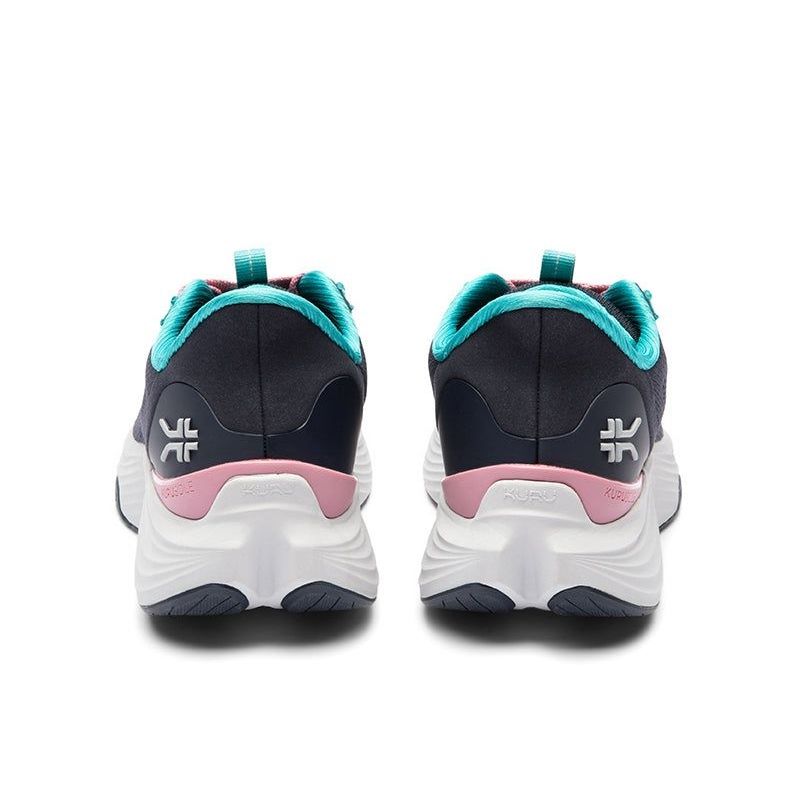 Back heel view of the KURU ATOM 2 Women's Sneaker in Night Blue-Teal.