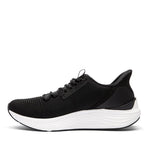 Pair of KURU ATOM 2 WIDE Men's Sneaker in Jet Black-Bright White, angled view.
