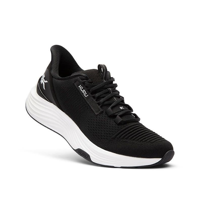 Angled profile view of the KURU ATOM 2 WIDE Men's Sneaker in Jet Black-Bright White.