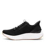 Pair of KURU ATOM 2 WIDE Women's Sneaker in Jet Black-Desert Tan, angled view.