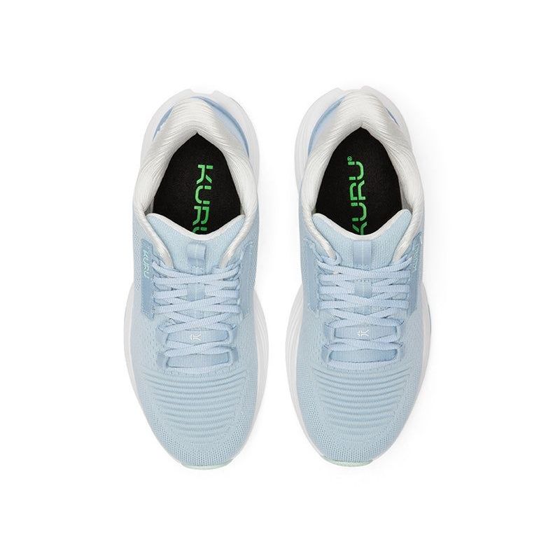 Close-up of the heel cup on the KURU ATOM 2 WIDE Women's Sneaker in Mist Blue-Bright White.