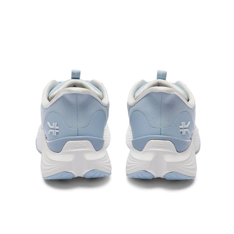 Back heel view of the KURU ATOM 2 WIDE Women's Sneaker in Mist Blue-Bright White.