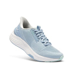 Angled profile view of the KURU ATOM 2 WIDE Women's Sneaker in Mist Blue-Bright White.