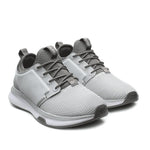 Pair of KURU ATOM Women's Sneaker in Cloud Gray-White-Iron Gray, angled view.