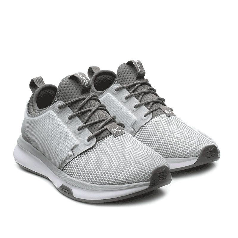 Pair of KURU ATOM Women's Sneaker in Cloud Gray-White-Iron Gray, angled view.
