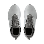 Back heel view of the KURU ATOM Women's Sneaker in Cloud Gray-White-Iron Gray.