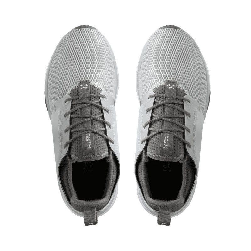 Back heel view of the KURU ATOM Women's Sneaker in Cloud Gray-White-Iron Gray.