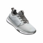 Angled profile view of the KURU ATOM Women's Sneaker in Cloud Gray-White-Iron Gray.